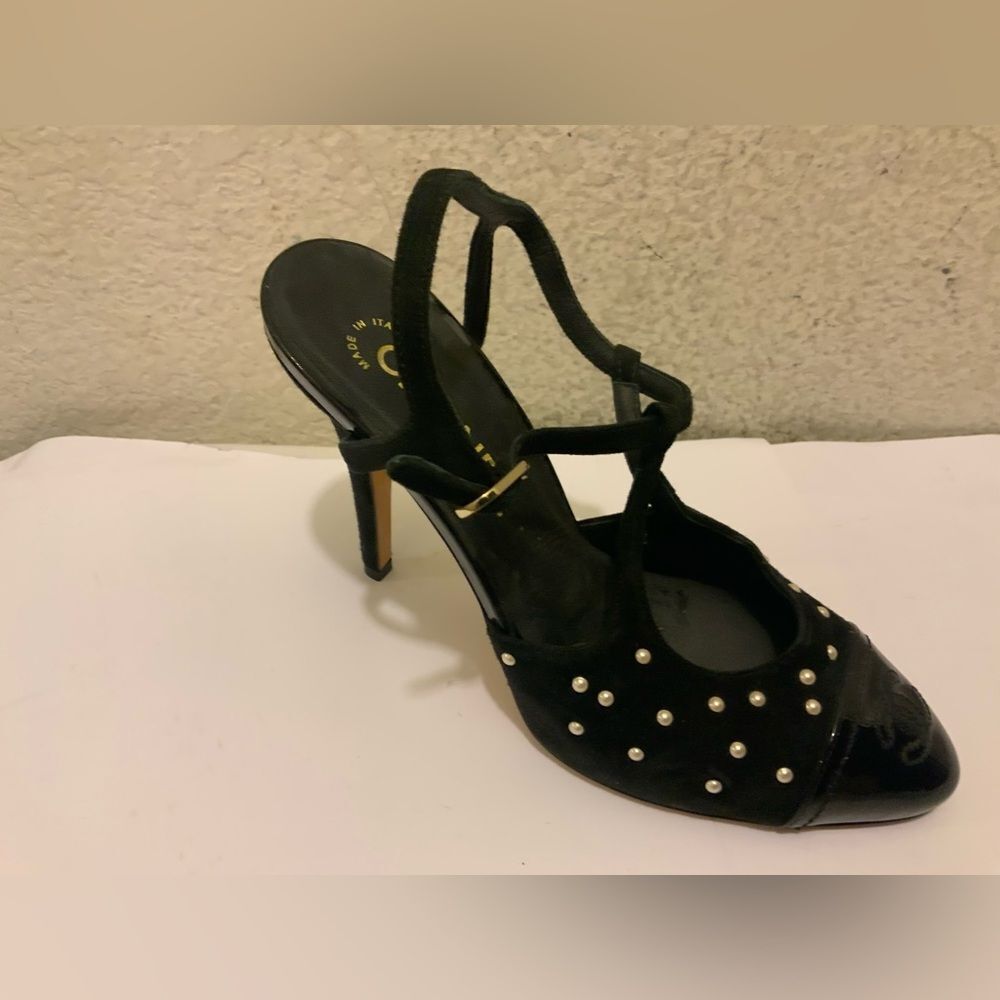 Chanel Black Satin Pearl Embellished CC  Pumps Size 38